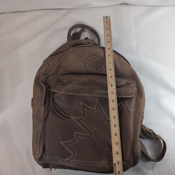 Roots Canada Genuine Leather Backpack Brown Canadian Leaf Bag Tan Vintage Large - Picture 6 of 16